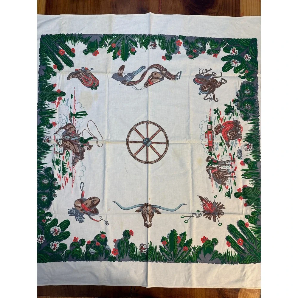 Vintage Startex Table Cloth Cotton Square Western Cowboy Startex 50 x 50 UU18